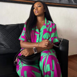 Women Casual Printed Short-Sleeve Shirt and Wide-Leg Trousers Two-Piece Set