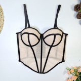 Women Sexy Line Color Block Fishbone Waist-cinching Plunging Camisole Basics Top