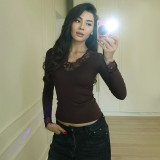 Women Spring Solid V-Neck Lace Patchwork Top