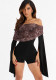 Women Autumn Leopard Print Gathered Off-Shoulder Patchwork Bell Bottom Sleeve Jumpsuit