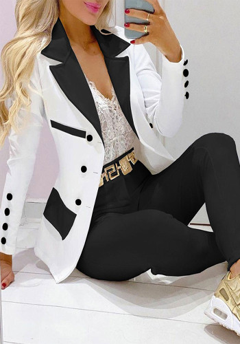 Women Black and White Long-sleeved Blazer