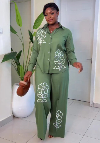 Women French Embroidered Shirt and Trousers Two-Piece Set