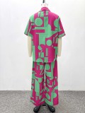 Women Casual Printed Short-Sleeve Shirt and Wide-Leg Trousers Two-Piece Set