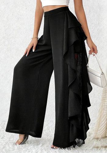 Women Slit Irregular Lace Mesh Wide-Leg Pants