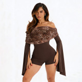 Women Autumn Leopard Print Gathered Off-Shoulder Patchwork Bell Bottom Sleeve Jumpsuit