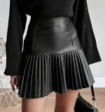 Women Pu-Leather Pleated Skirt