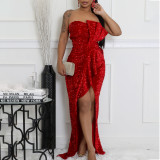 Women Sexy Off-the-Shoulder Long-sleeved Sequin Maxi Dress