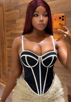 Women Sexy Line Color Block Fishbone Waist-cinching Plunging Camisole Basics Top