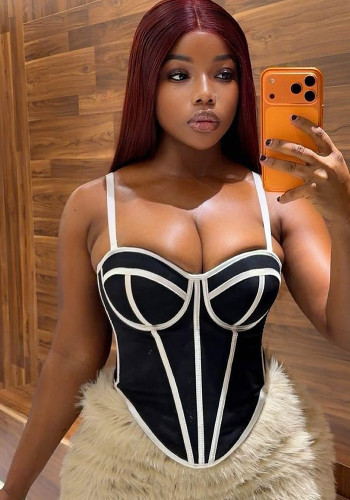 Women Sexy Line Color Block Fishbone Waist-cinching Plunging Camisole Basics Top