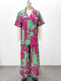 Women Casual Printed Short-Sleeve Shirt and Wide-Leg Trousers Two-Piece Set