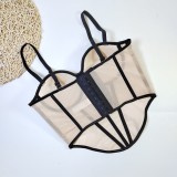 Women Sexy Line Color Block Fishbone Waist-cinching Plunging Camisole Basics Top