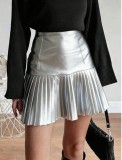 Women Pu-Leather Pleated Skirt