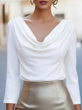 Women Autumn/Winter Solid Pleated V-Neck Top Shirt