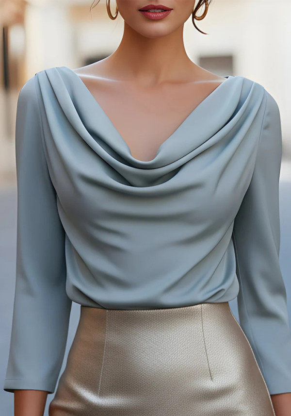 Women Autumn/Winter Solid Pleated V-Neck Top Shirt