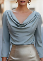 Women Autumn/Winter Solid Pleated V-Neck Top Shirt Women Autumn/Winter Solid Pleated V-Neck Top Shirt