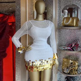 Women Spring Hollow Round Neck Patchwork Sequin Camisole Dress