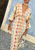 Women Elegant Print Elegant V-Neck Lantern Short-Sleeve Maxi Dress