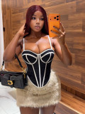 Women Sexy Line Color Block Fishbone Waist-cinching Plunging Camisole Basics Top