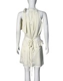 Women sleeveless Halter Neck Top + Skirt + Lace Waist Belt Three-Piece