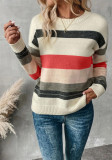 Women Striped Color Block Patchwork Knitting Round Neck Sweater