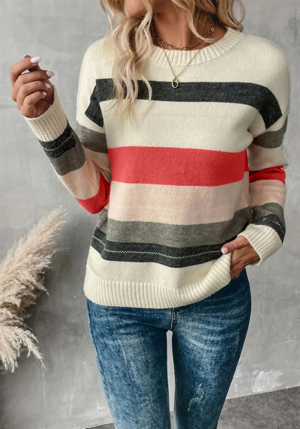 Women Striped Color Block Patchwork Knitting Round Neck Sweater