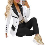 Women Black and White Long-sleeved Blazer