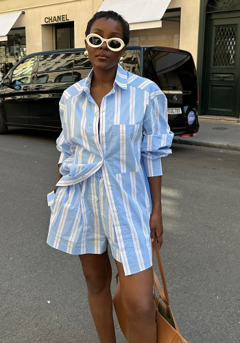 Women Casual Color Block Striped Long-Sleeved Turndown Collar Shirt and Shorts Two-Piece Set