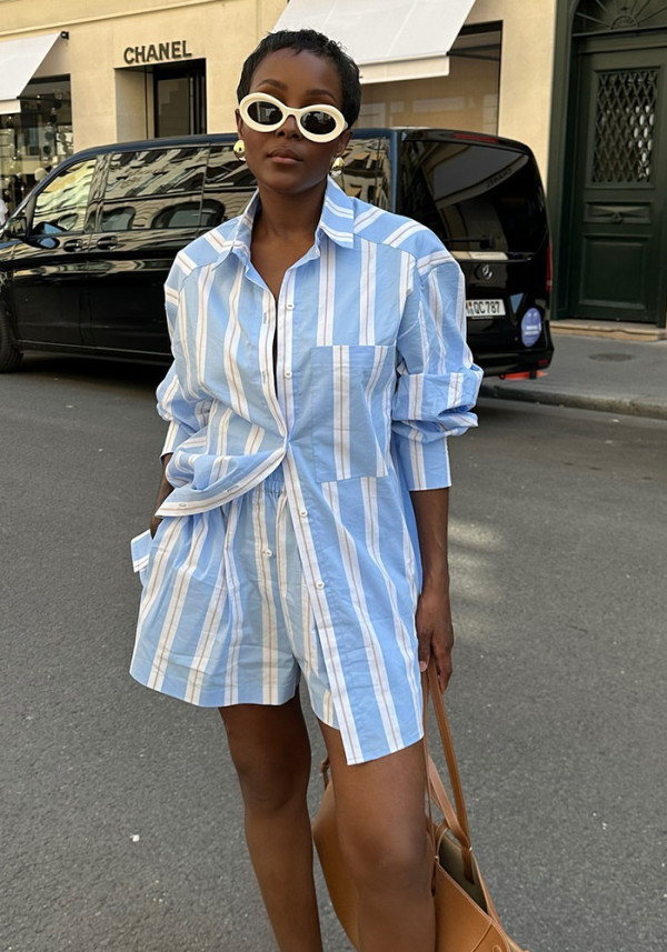 Women Casual Color Block Striped Long-Sleeved Turndown Collar Shirt and Shorts Two-Piece Set