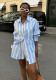 Women Casual Color Block Striped Long-Sleeved Turndown Collar Shirt and Shorts Two-Piece Set