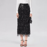Women Tassel Sequined Slashed Skirt