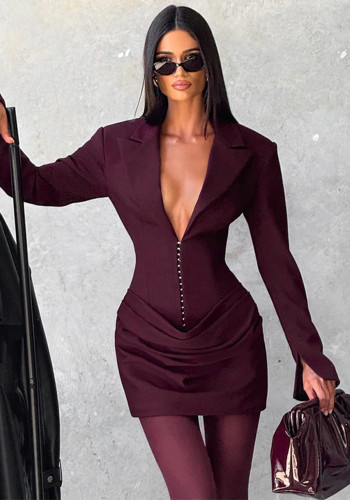 Women Autumn/Winter Solid Turndown Collar Pleated Bodycon Dress