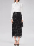 Women Tassel Sequined Slashed Skirt
