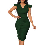 Women Sexy Solid V-Neck Ruffle Dress