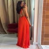 Women Spring Backless Pleated Maxi Dress