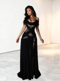 Women Black Off-Shoulder Lace Hollow-Out Slit Formal Party Maxi Dress