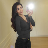 Women Spring Solid V-Neck Lace Patchwork Top