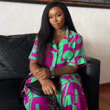 Women Casual Printed Short-Sleeve Shirt and Wide-Leg Trousers Two-Piece Set