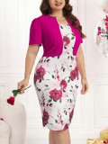 Plus Size Women Casual Top and Printed Dress Two-Piece Set