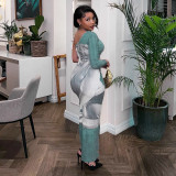 Women's Fashion Printed One-Shoulder Long Sleeve Slim Waist Long Dress