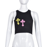 Spring Women's Sexy Open Waist Embroidered Crop Tank Top