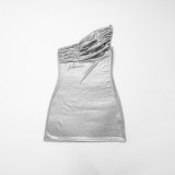 Women Spring Solid Sexy Slash Shoulder Shiny One-Shoulder Dress