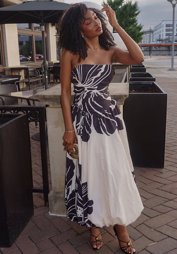 Women Color Block Print Off-Shoulder Sleeveless Strapless Dress