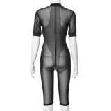 Women's Fashion Style Sexy Deep V See-Through Short Sleeve Jumpsuit