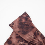 Women Leopard Print Mesh Off Shoulder 3/4 Jumpsuit