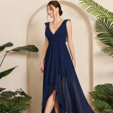 Women's V-Neck Chiffon Ruched Low Back High-Low Bridesmaid Party Dress