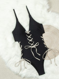 Women Sexy Beach Color Block Lace-Up Swimwear