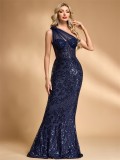 Women Sequin Slash Shoulder Appliqué Formal Party Mermaid Evening Dress