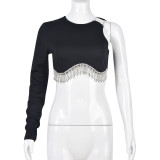 Spring Women's Sexy Open Waist One-Sleeve Rhinestone Chain Fringe T-Shirt
