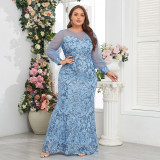 Plus Size Women See-Through Long-Sleeve Round Neck Sky Blue Evening Dress