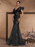 Women Elegant Ruffle Sleeve Sequin Backless Mermaid Evening Dress